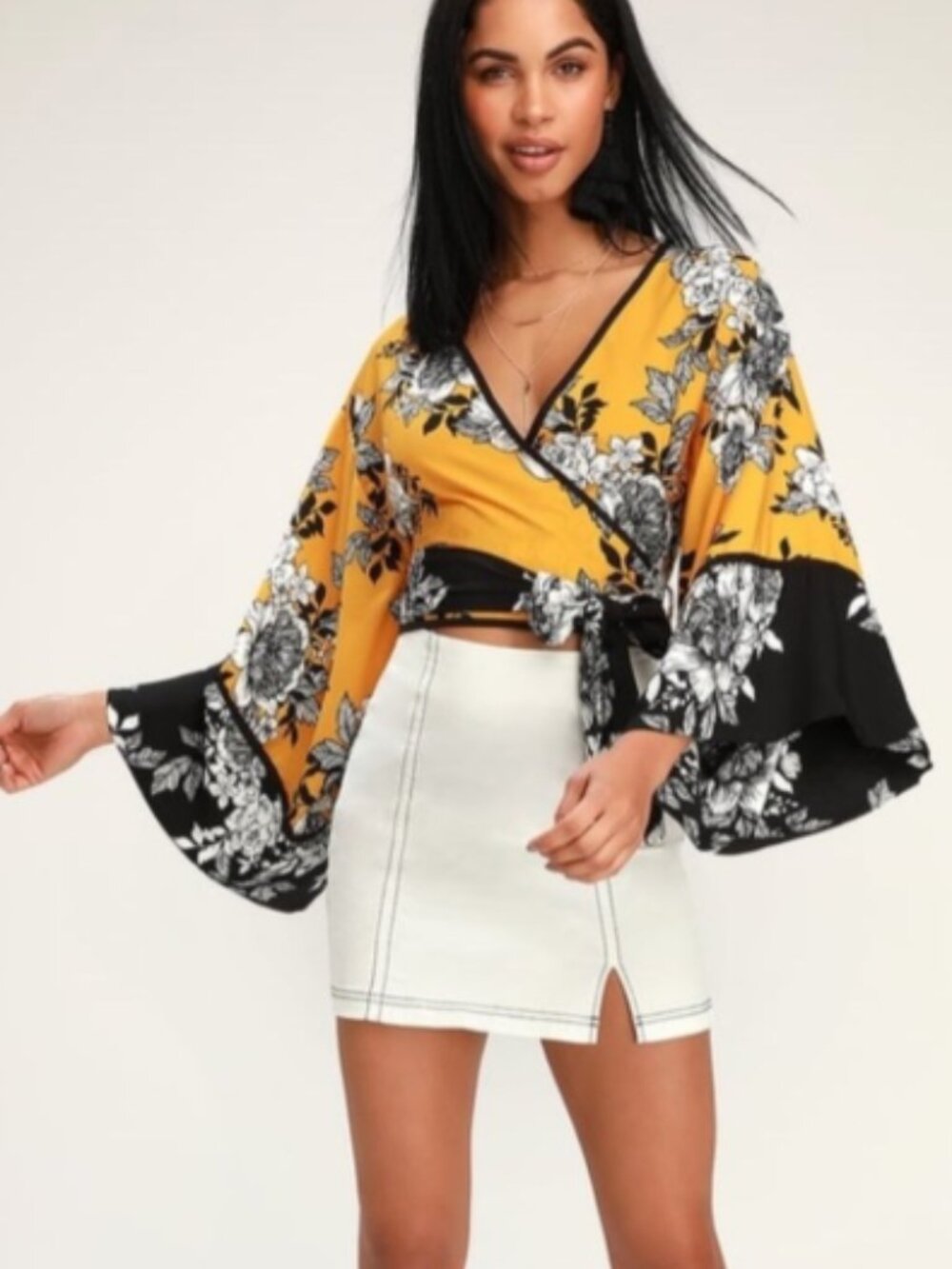 Lulus Creative Endeavor Floral Kimono Wrap Top Mustard/Black Size Medium